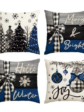 4 Holiday Throw Pillow Covers - Blue, Black & White, burlap feel, NWOT